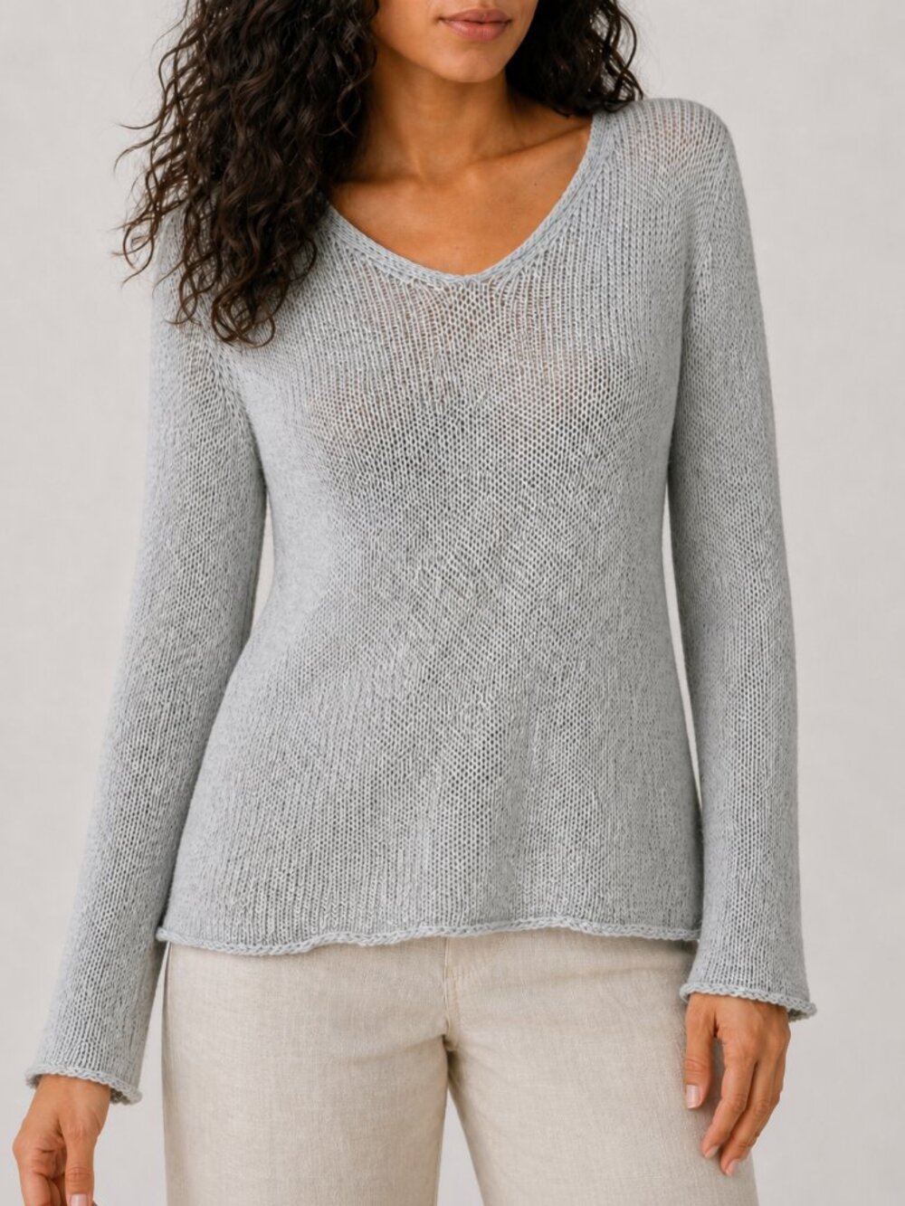 Eileen Fisher Linen Blend V Neck Sweater, XS, Light Blue, Italian Knit, Luxury